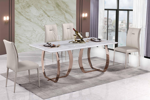 Dining Room table with rose gold marble top and rose gold base