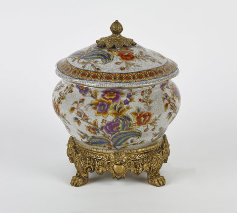 Large Ceramic Centerpiece with Lid and Gold Base