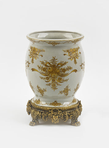Ceramic Vase with Yellow Flower Design and Gold Base