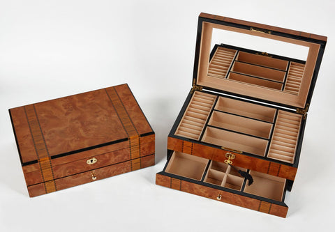 Brown Wooden Jewelry Box with Drawer and Mirror