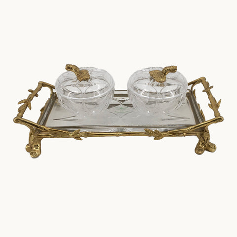 2 BRASS AND CRYSTAL CANDY DISHES W/ TRAY