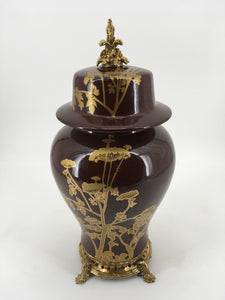 Brown and Gold Vase with Lid and Gold Base