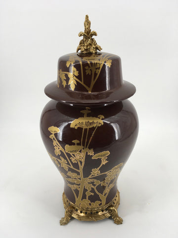 Brown and Gold Vase with Lid and Gold Base