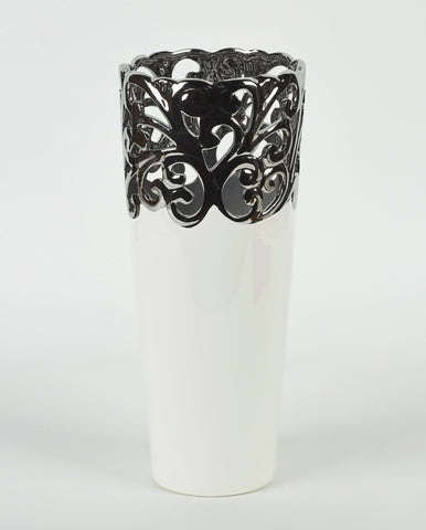 White Ceramic Vase with Silver Design