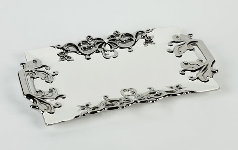 White Ceramic Tray with Silver Side Designs